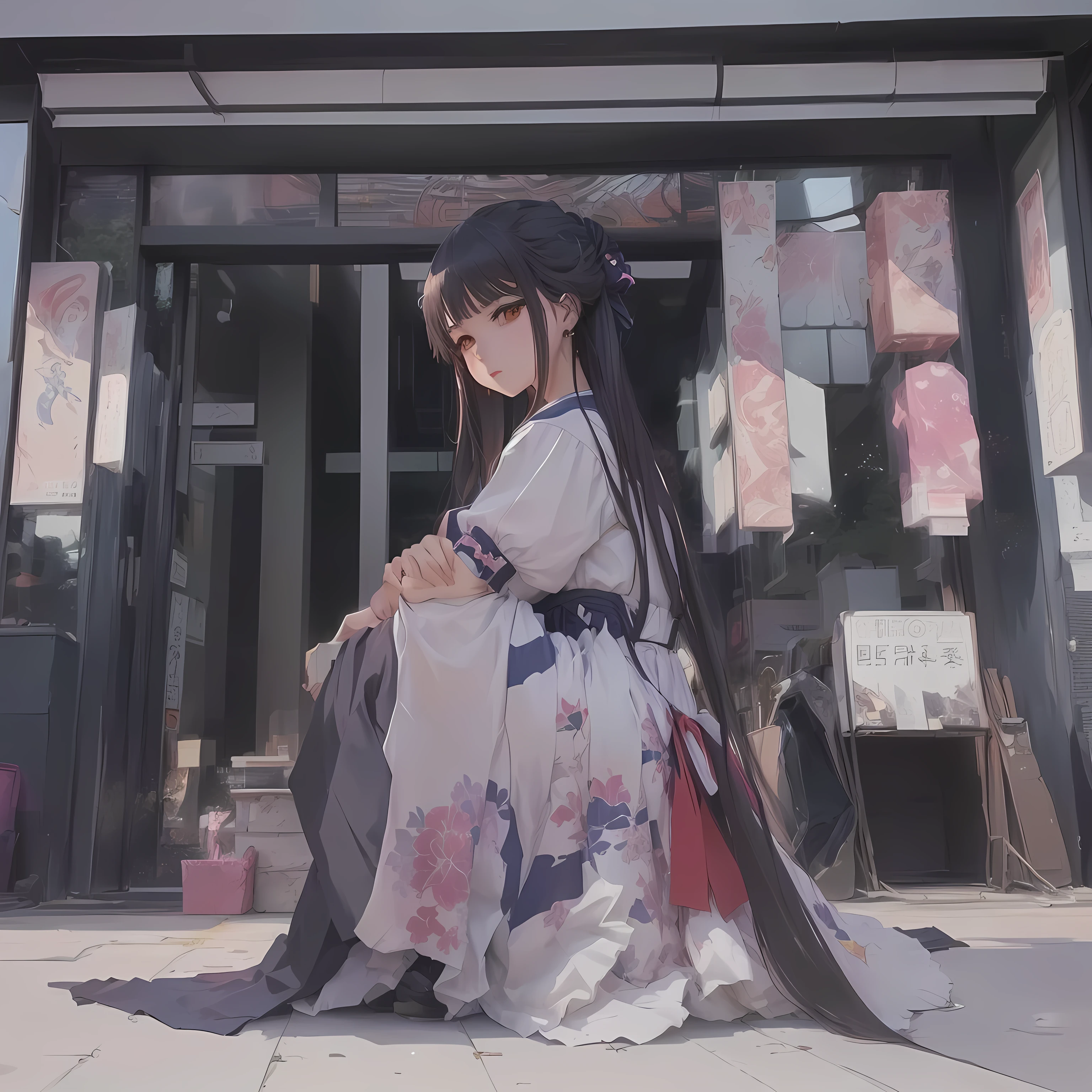 Anime girl sitting on the floor in front of a store, Gwaiz, artwork in the style of Gwaiz, palace ， Girl in Han Dress, Gwaiz on pixiv artstation, Gwaiz on artstation pixiv, Gwaiz masterpiece, Anime Style 4k, Painted in an anime artist&#39;s studio, In kimono, by Shimo