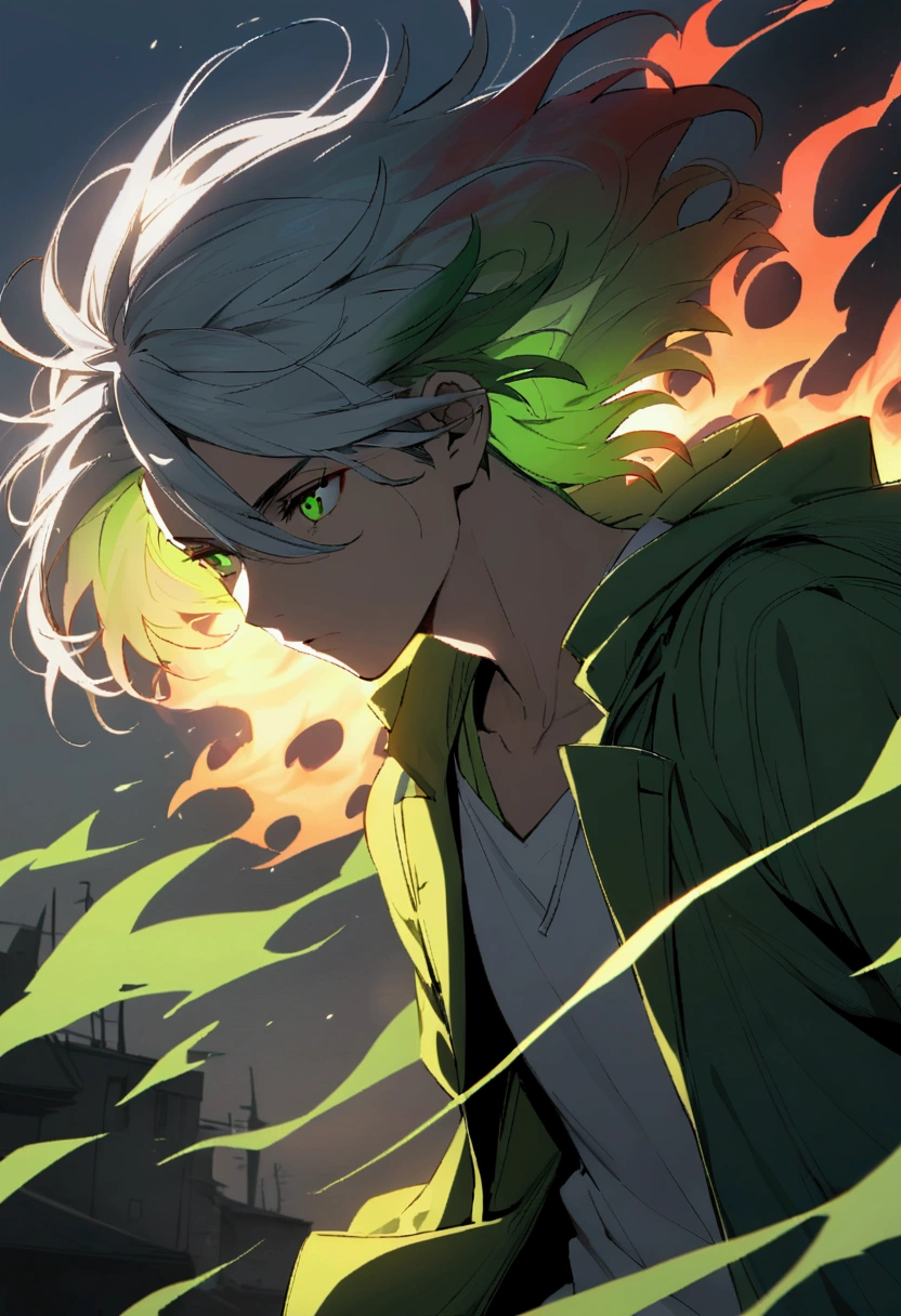 teenage boy, spiky hair, medium length hair, multicolored red and gray hair, greeneyes, face neutral, green tattoos on the body, ripped casual white shirt, bright green loose-fitting short-sleeved overcoat, wind aura