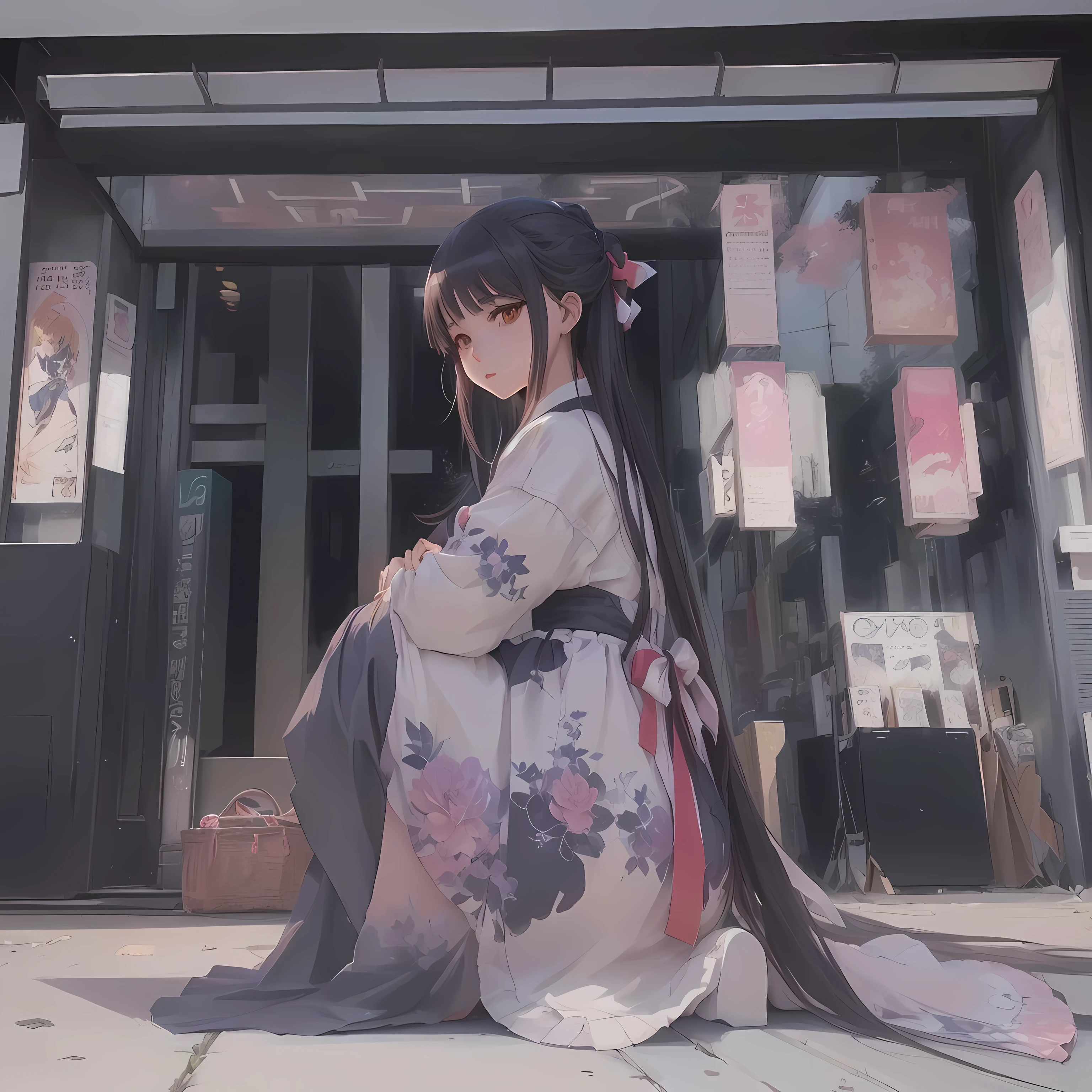 Anime girl sitting on the floor in front of a store, Gwaiz, artwork in the style of Gwaiz, palace , Girl in Han Dress, Gwaiz on pixiv artstation, Gwaiz on artstation pixiv, Gwaiz masterpiece, Anime Style 4k, Painted in an anime artist's studio, In kimono, by Shimo