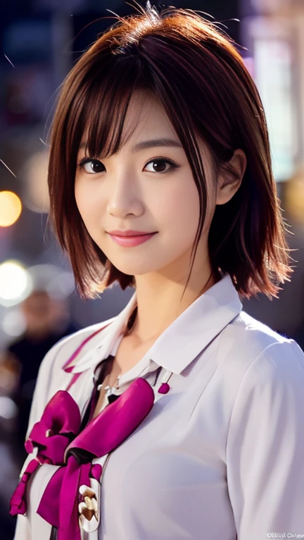 (1 girl, The buttons on the front of her blouse are undone.:1.2), Gorgeous Japanese actresses,
(RAW Photos, highest quality), masterpiece, 
(Realistic, Photorealistic:1.4), 

very delicate and beautiful, very detailed beautiful and detailed nose, beautiful & detailed, cinema lighting, gentle & feminine, 

2k wallpaper, wonderful, finely, very detailed,
Very detailed CG Unity 8k 壁紙, high resolution, 
beautiful detailed lady, very detailed目と顔,
soft light, bob hair, ponytail, short hair with bangs, hot pink hair, jensen_Huang_Iconic_Black_Jacket 

BREAK

(Rain: 1.2), Tokyo Shibuya, City Lights, 
Perfect Anatomy, slender body, medium breasts, kind smile, zoom-in face to waist, (candid_Shot RNG 25%), medium_shot or cowboy_shot, bokeh, SFW,)