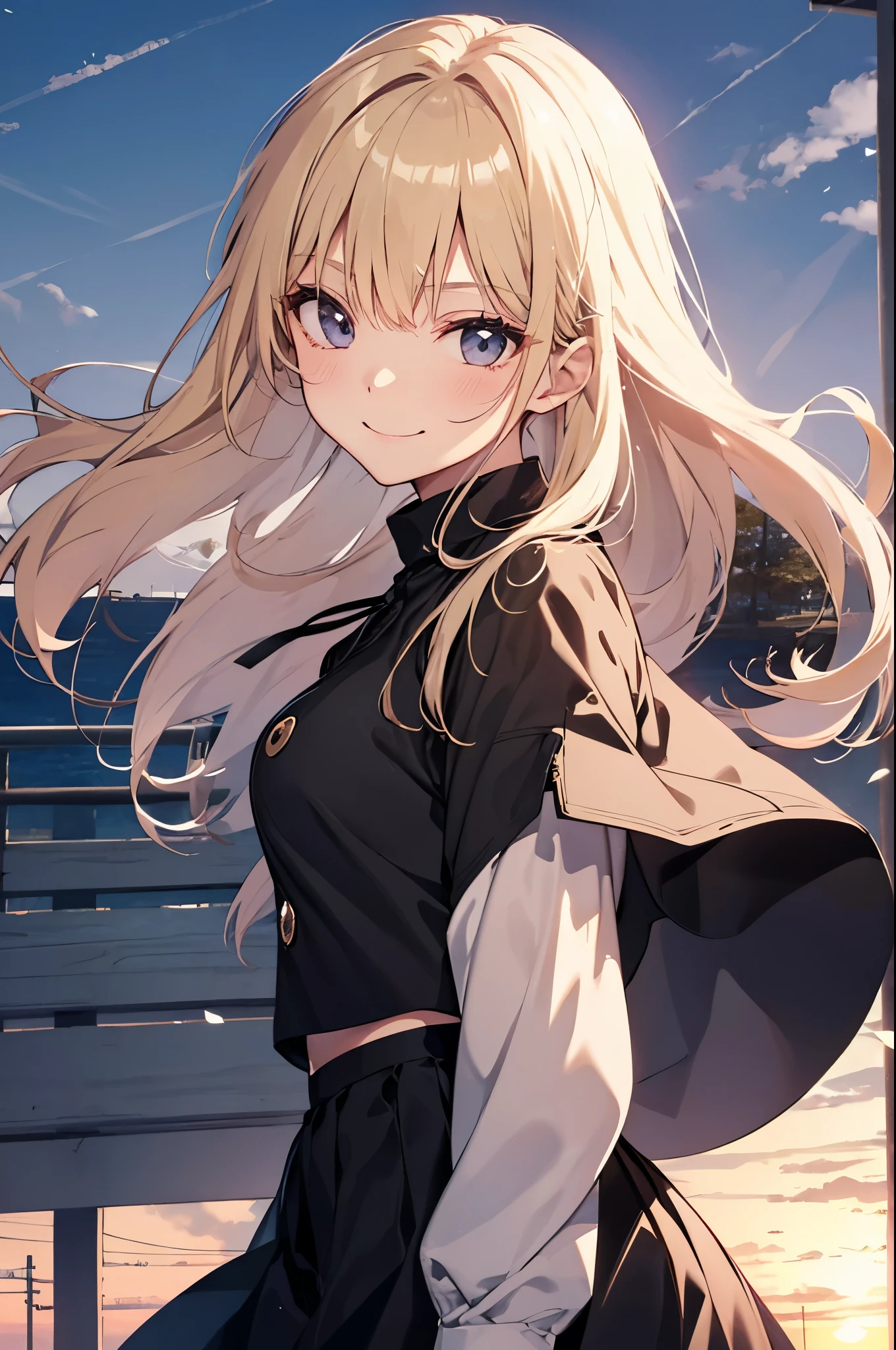 (Pretty sister:1.3)、long eyelashes、happy face,spring atmosphere、evening、aggressive、hot、((strong wind))、black skirt、shining 白ショルダートップス、company、blonde