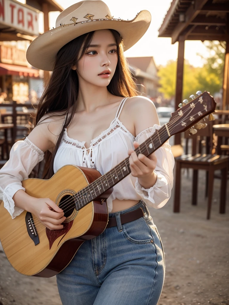 western cowboy style, best quality, 8k, very delicate and beautiful, highly detailed face and skin texture, shiny skin, high resolution, sexy girl in cowboy costume playing guitar at western cowboy town, sharp focus