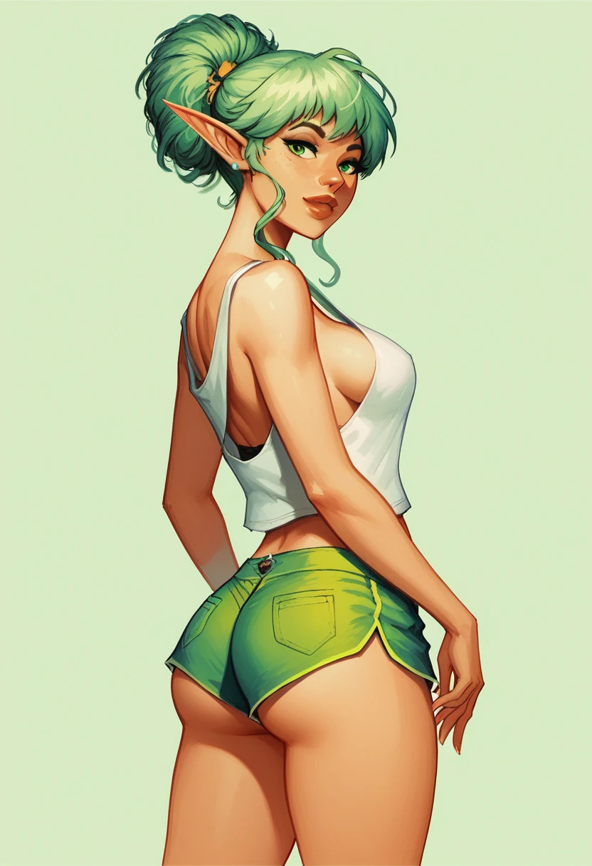 score_8_up, ((adult)), woman, elf, medium breasts, peachy ass, sexy shorts, loose tank top, sideboob, focus on ass