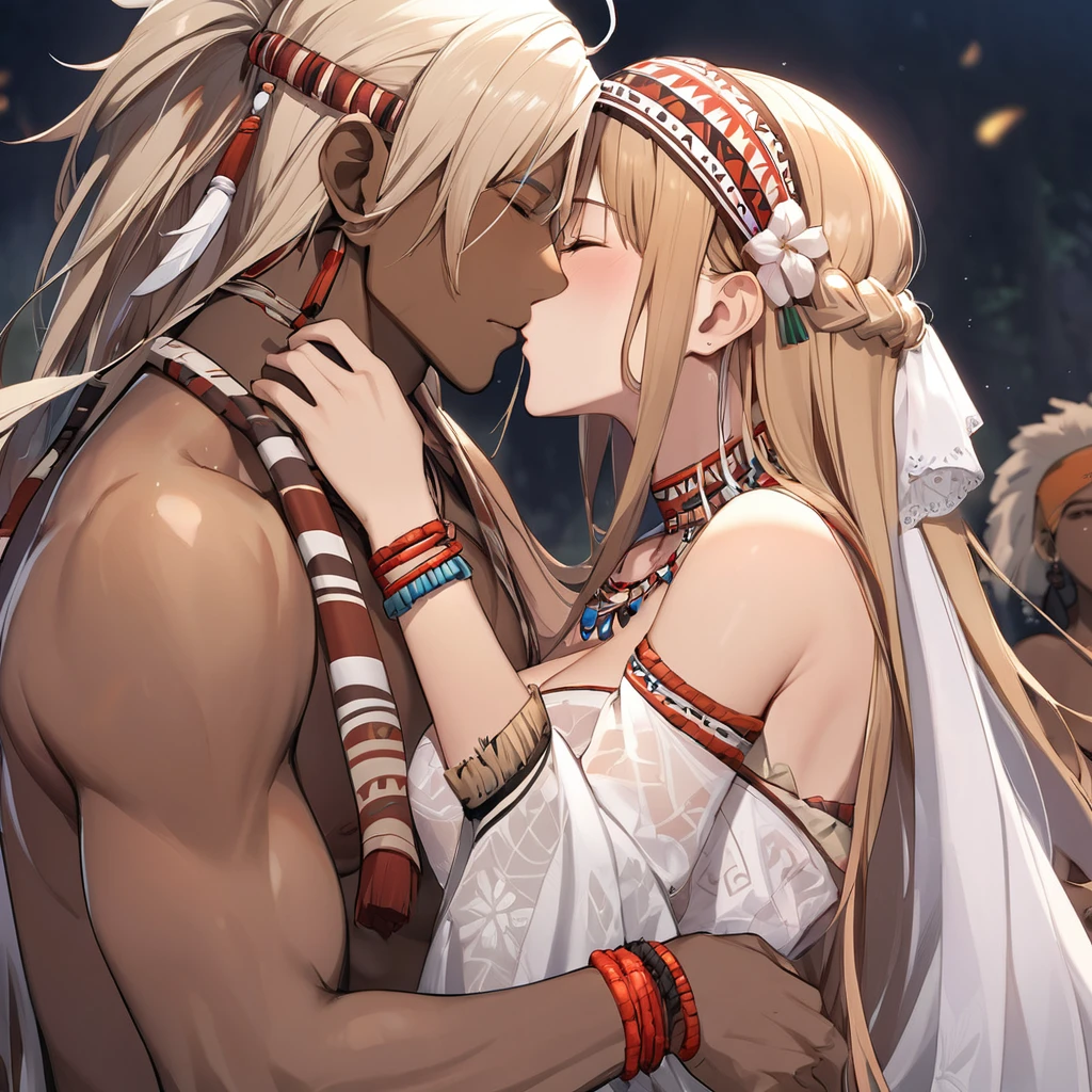((Highest quality)), ((masterpiece)), (detailed), (Perfect Face)、The woman is Yuuki Asuna, with light brown, medium-long hair styled in a tribal hairstyle, and in an African tribal village she is dressed in tribal clothing, tribal accessories, and tribal makeup by black-skinned African native men, turning her into a tribal woman.、The woman is dressed in a gorgeous tribal wedding dress and is adorned with tribal accessories, becomes the wife of a tribal man, embraces him, kisses him in oath, and has a wedding ceremony. She is beautifully decorated as a bride in both name and reality, and becomes a tribal woman.、The woman accepts becoming the wife of a tribal man and accepts in body and mind that she will live as a tribal woman.