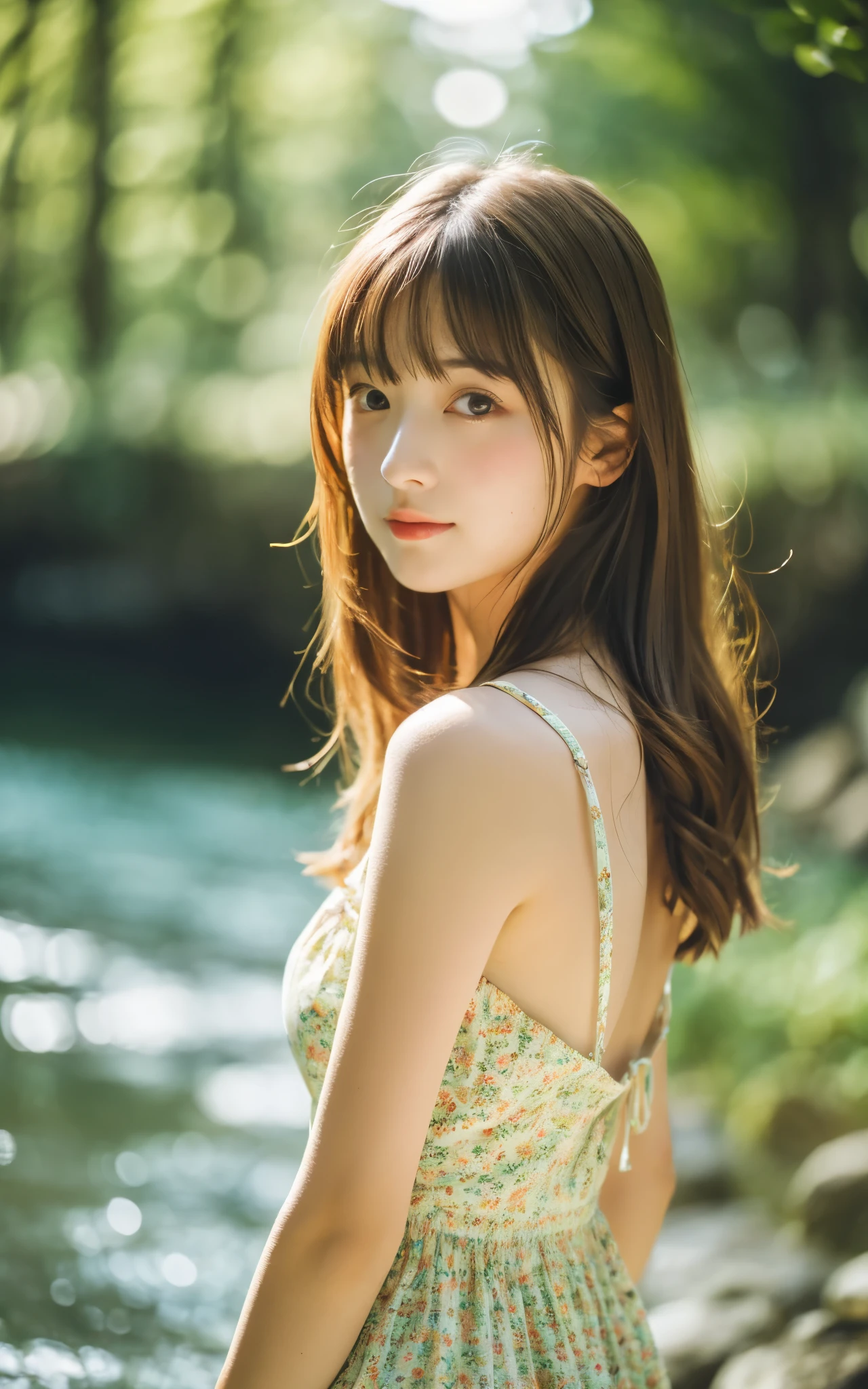 masterpiece, Best Quality, 8K, 1 girl, Japanese cute girl, in summer, forest, stream, out of focus, 18 yo, large breasts, Mouth slightly open, cute little, Solo, sad, summer dress, Girly, Delicate girl, Neat and clean beauty, Raw photo, Professional Photography, Portrait, Soft light, Professional Lighting, Back lighting, Upper body, see the beholder, Sophisticated, Film grain, (Eyes and faces with detailed:1.0), medium hair swaying in the wind, beautiful flowing brown hair,