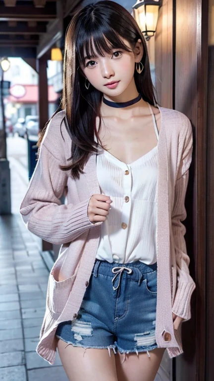 ((Open Front Cardigan、Drawstring Cami、Pintuck shorts))beautiful, calm and bright look、Refreshing look、完璧なbeautifulcute顔、Very bright、Long bangs between the eyes、Long black hair straight hair、とてもcute、beautifully、Young little woman、非常に完璧なbeautifulcute顔、、Real17歳女性、cute,((Small breasts:1.4))、(()) And a very slim figure,Very thin leganicules、Earrings、Pink Lip、choker、Real、Highest quality、Detailed face、Detailed Background、Depth of written boundary、alone、night,Highest quality、High resolution、超High resolution(Real:1.4)Detailed eyes、Gradation、Perfect anatomical figure、Woman with perfect body、Highly detailed skin、非常にDetailed face、細部までbeautiful目、Background blur、whole body viewing angle、