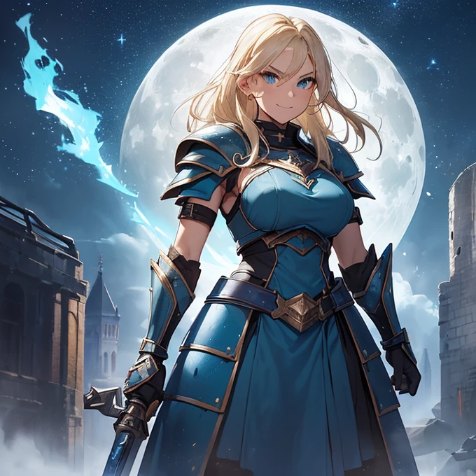 High Resolution, Simple background, Masterpiece, Best Quality, Detail, HD, High Quality, fantasy genre
{{(female adult dwarf soldier: (fair skin, green eyes, feminine warrior beauty, straight long blonde feminine beard, big nose, blonde eyebrows, nice smiling, kind demeanor, kind face and smile), (bulky dwarf blue steel armor, blue squared-cuirass, bulky squared blue shoulderplates, squared blue elbowplates, squared blue arms armor, squared blue belly armor, pale-silver steel belt, boue squared hips armor, blue gauntlets, blue steel knee plates, (black long hammer, black steel hamer)), (standing quietly, patient demeanor, imponent guarding pose, standing upright), (clear night sky, stars around the dusk, white moon at the horizon, blue tower, blue fire torches at the tower’s walls))}}