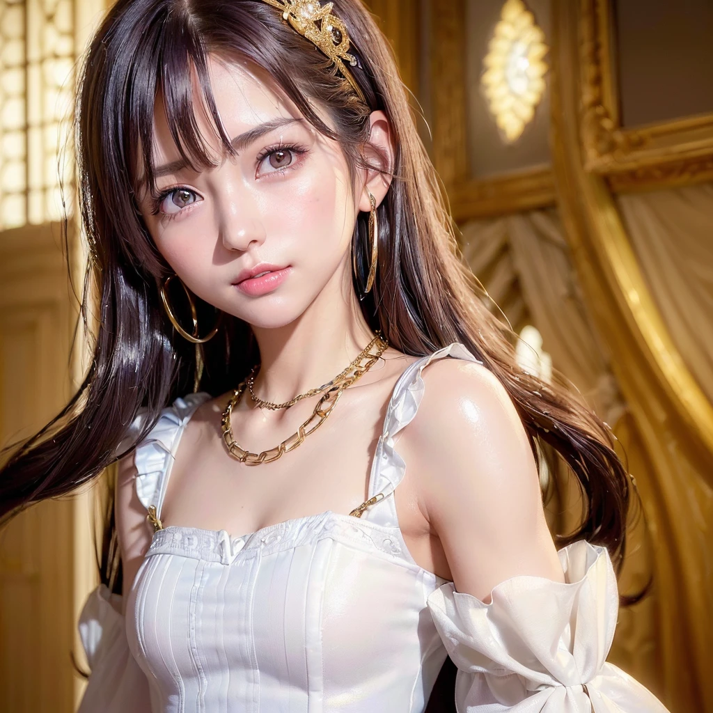 masterpiece,Super Resolution,ultora-detail,ultora-reality paint,high quality,16K-picture quality,photograph,Highly detailed CG,16K wallpaper,(((18 year old beauty:1.5,1women:1.5,A beautiful woman whose face is illuminated by soft light,The finest beauty,A beautiful woman is looking at me))),(((face photograpfy:1.5))),(((A beautiful face without wrinkles:1.5,Realistic facial expression,Detailed face:1.5,smile,Has very kind eyes,perfect eyes,ruby pupilis,Round eyes,Double Eyed Beauty,Beauty with a very small mouth,Beauty with light pink lips,Very small nose beauty))),(((super shiny hair,super-front-light,White skin,White fabric,Queen's clothes:1.5,stockin cloth,gold chain)))