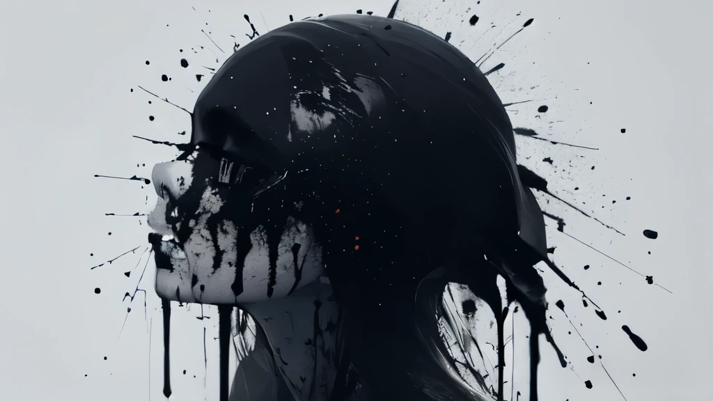 bs, solo, simple background, monochrome, upper body, greyscale, bodysuit, black background, 1other, monster, arms at sides, horror (theme), a girl, her jaw is broken, blooded