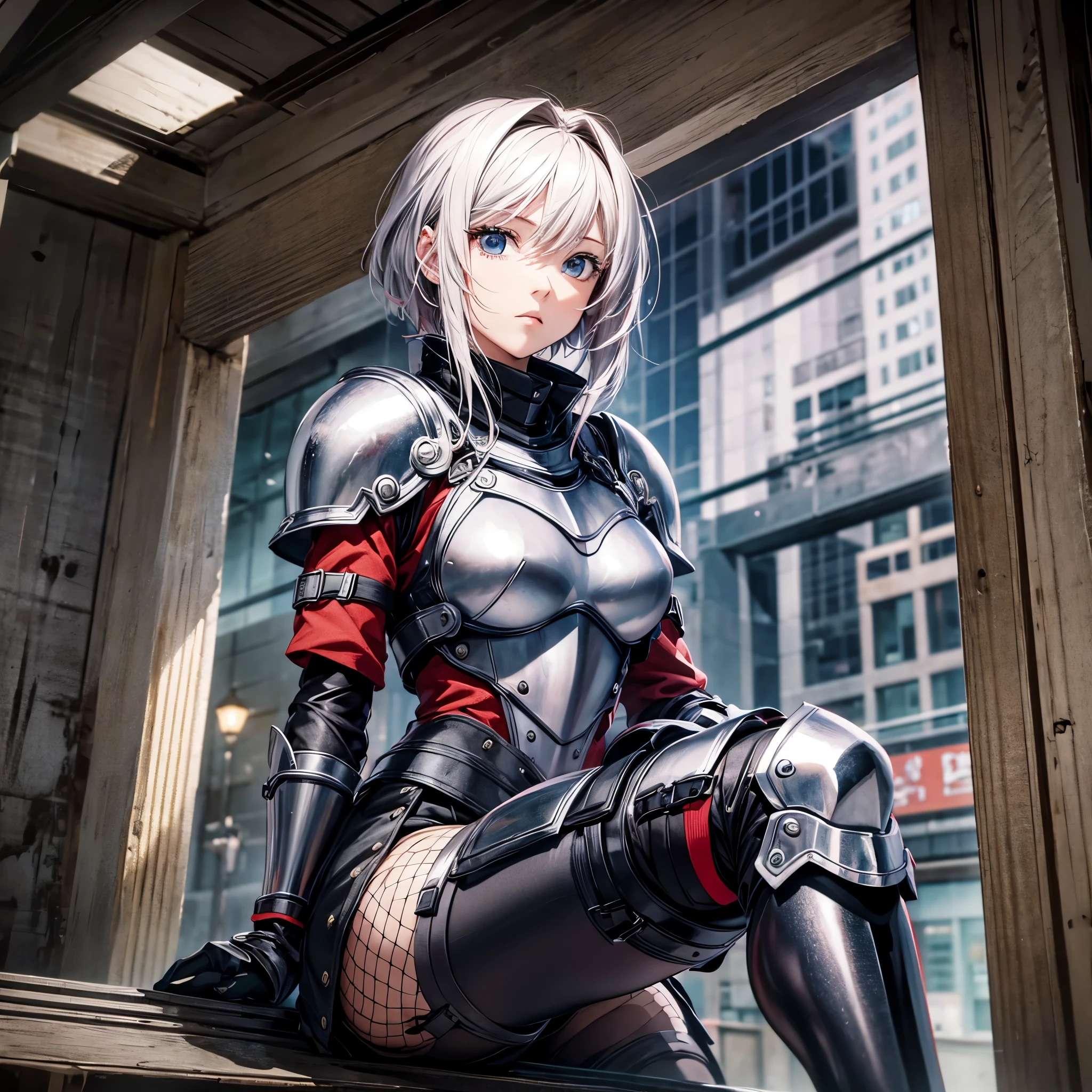 1 woman in her 20s,Red Short Hair,Female Knight,Tainted Armor,pocket,Elbow pads,Knee pads,Fishnet tights,Knee-high boots