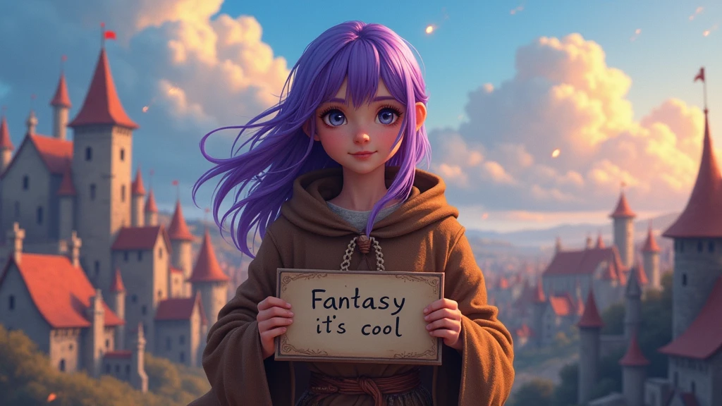 A beautiful girl with purple hair in a torn brown tunic holds a sign in her hands with the inscription "Fantasy it's cool", A fantasy city in the Middle Ages with a clear blue sky and beautiful clouds illuminated by firelight and a photorealistic clear texture, girl looking at the camera,