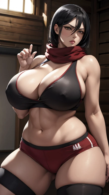 (best quality, masterpiece), Mikasa Ackerman, black hair, large breasts, busty, chubby figure, large breasts, solo , red scarf, boxing, in ring, sports bra, standing, big breasts, cleavage, shorts, sweat looking_at_viewer