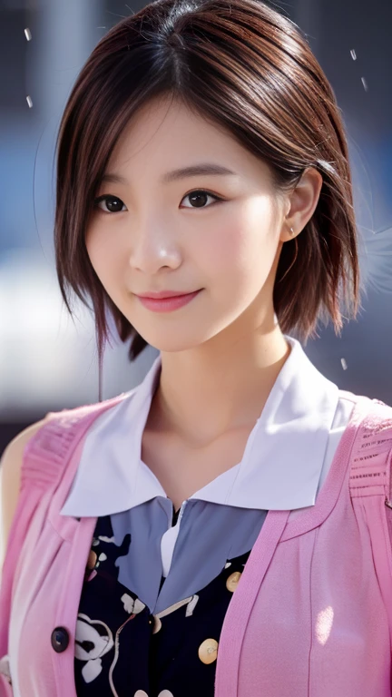 (1 girl, The buttons on the front of her blouse are undone.:1.2), Gorgeous Japanese actresses,
(RAW Photos, highest quality), masterpiece, 
(Realistic, Photorealistic:1.4), 

very delicate and beautiful, very detailed beautiful and detailed nose, beautiful & detailed, cinema lighting, gentle & feminine, 

2k wallpaper, wonderful, finely, very detailed,
Very detailed CG Unity 8k 壁紙, high resolution, 
beautiful detailed lady, very detailed目と顔,
soft light, bob hair, ponytail, short hair with bangs, hot pink hair, jensen_Huang_Iconic_Black_Jacket 

BREAK

(Rain: 1.2), Tokyo Shibuya, City Lights, 
Perfect Anatomy, slender body, medium breasts, kind smile, zoom-in face to waist, (candid_Shot RNG 25%), medium shot or cowboy shot, bokeh, SFW,)