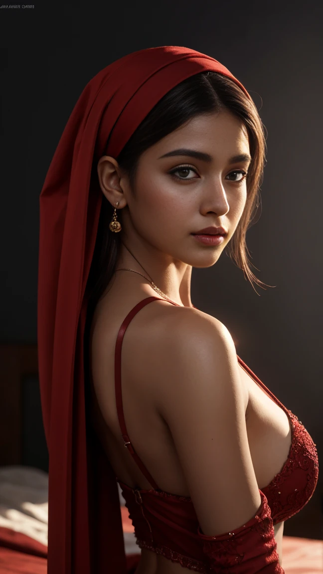 a 22 year old indian girl lied on bed in a black and red colour lingrie with the breast size 1.4 and ass size 1.1.best quality.Hijab on her head masterpiece, detailed, realistic, 1girl, detailed, realistic body, detailed eyes, detailed face, ultra high details, masterpiece, looking at viewer, fair skin, modern, navel, indian model, masterpiece, best quality, highest quality, cinematic lighting, (volumetric lighting), extremely detailed CG unity 8k wallpaper, focused, 8k wallpaper, 4k wallpaper, extremely detailed, ultra realistic, photorealistic, sharp focus, absurdres, (HDR:1.2), (high contrast), photograph, detailed and intricate, instagram, portrait, highly detailed, digital painting, artstation, concept art, smooth, sharp focus, illustration, cinematic lighting