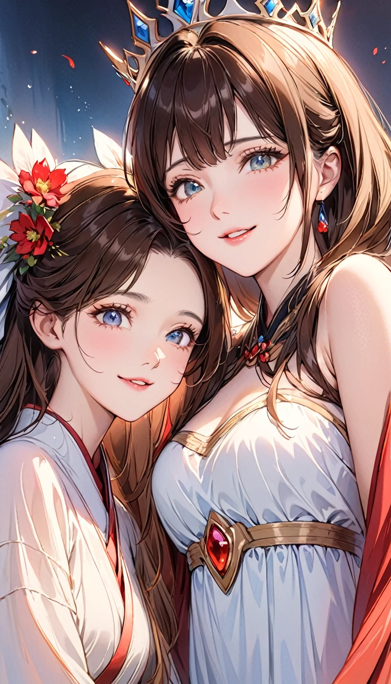 2 girls,One of them is a cool queen,Another cute and sweet。Two people with long brown hair,floating long dress,上Half Body,Facing the camera,Happy expression,Beautiful atmosphere,Close-up of face(Focus on the face),Glowing skin,Long eyelashes, Perfect eyes,HD face,high quality,Half Body,clear,