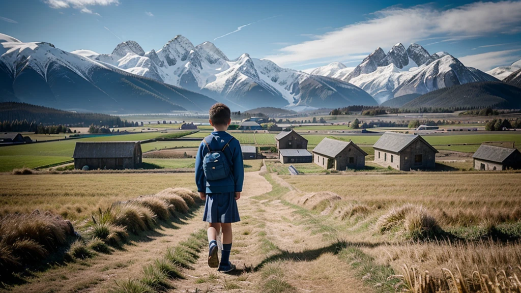 In the vast barley fields,The protagonist is a with a buzz cut and wearing a blue school uniform.,Standing in the barley field and looking into the distance,The background is a towering snow-capped mountain,There are temples on the snowy mountains,Illustration style