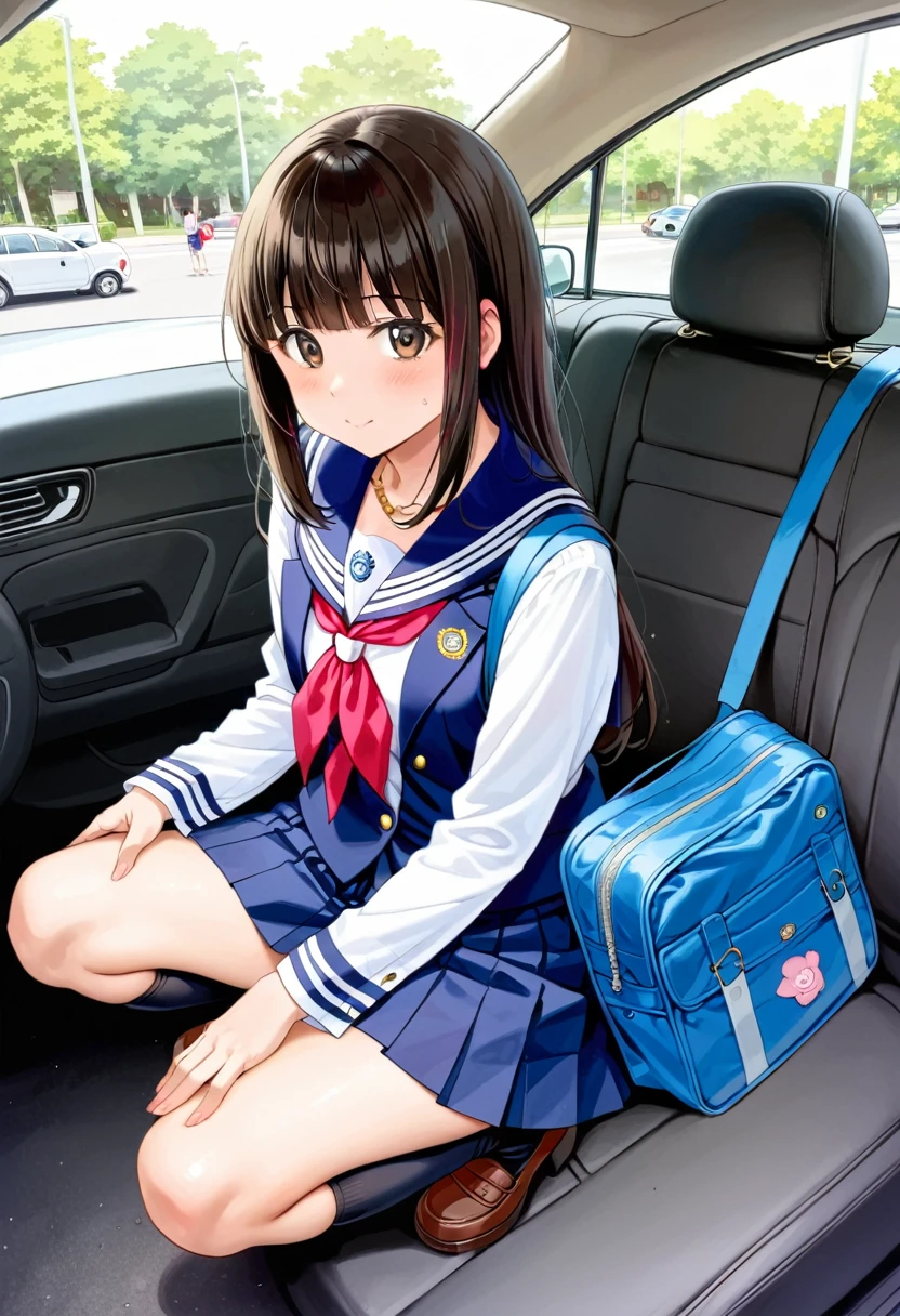 arafed woman sitting in the back of a car with a blue bag, a picture by Kose Kanaoka, tumblr, conceptual art, anime girl in real life, sitting in her car, anime girl cosplay, ecchi style, fubuki, rei hiroe, the anime girl is crouching, rin, ayaka cosplay, japanese girl school uniform