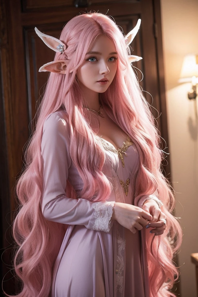 Woman, long wavy hair, pink hair, blue eyes, elf, sex
