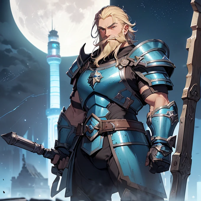 High Resolution, Simple background, Masterpiece, Best Quality, Detail, HD, High Quality, fantasy genre
{{(male adult dwarf soldier: (dwarf short body, fair skin, green eyes, straight long blonde beard, long blonde mustache over the mouth, big nose, blonde eyebrows, nice smiling, kind demeanor, kind face and smile, short body torso, short arms, short legs), (bulky dwarf blue steel armor, blue squared-cuirass, bulky squared blue shoulderplates, squared blue elbowplates, squared blue arms armor, squared blue belly armor, pale-silver steel belt, boue squared hips armor, blue gauntlets, blue steel knee plates, (black long hammer, black steel hamer)), (standing quietly, patient demeanor, imponent guarding pose, standing upright), (clear night sky, stars around the dusk, white moon at the horizon, blue tower, blue fire torches at the tower’s walls))}}