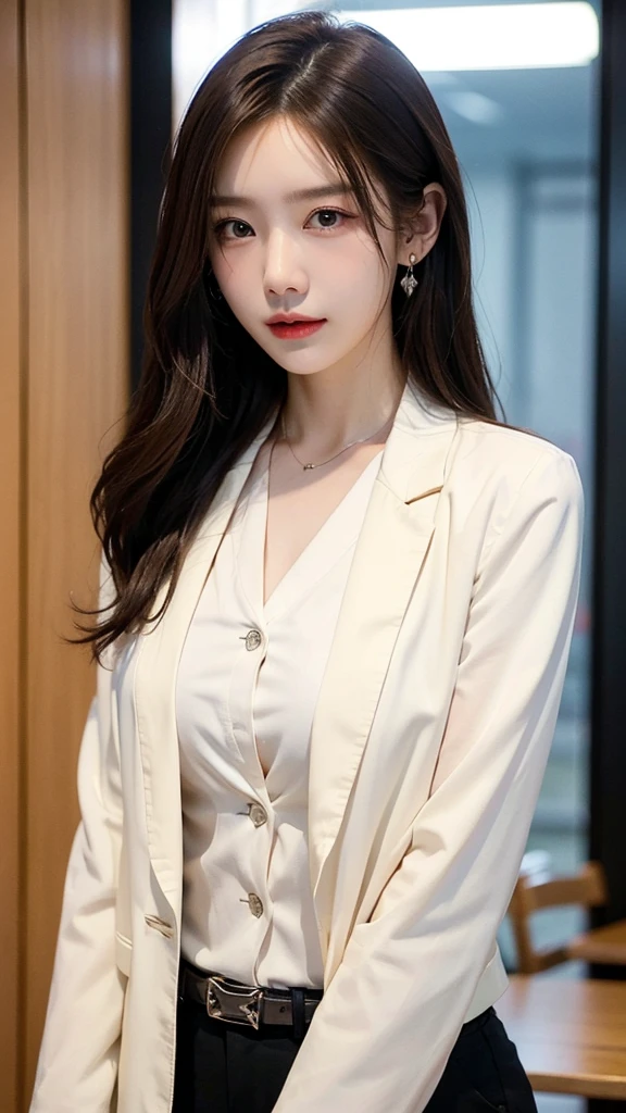 ((masterpiece: 1.4, best quality))+,(ultra detail)+, official art, unity 8k wallpaper, ultra detail, beautiful, high quality, Highlight your cute face, masterpiece, best quality, medium length straight hair, (brown eyes, brown hair), bust, looking straight ahead, laugh, (white blouse & black blazer jacket :1.4), colorful earrings, (beautiful 눈:1.3), (Domineering expression:1.37)