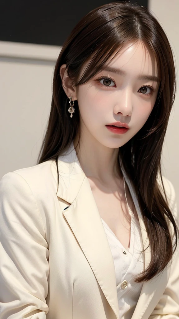 ((masterpiece: 1.4, best quality))+,(ultra detail)+, official art, unity 8k wallpaper, ultra detail, beautiful, high quality, Highlight your cute face, masterpiece, best quality, medium length straight hair, (brown eyes, brown hair), bust, looking straight ahead, laugh, (white blouse & black blazer jacket :1.4), colorful earrings, (beautiful 눈:1.3), (Domineering expression:1.37)
