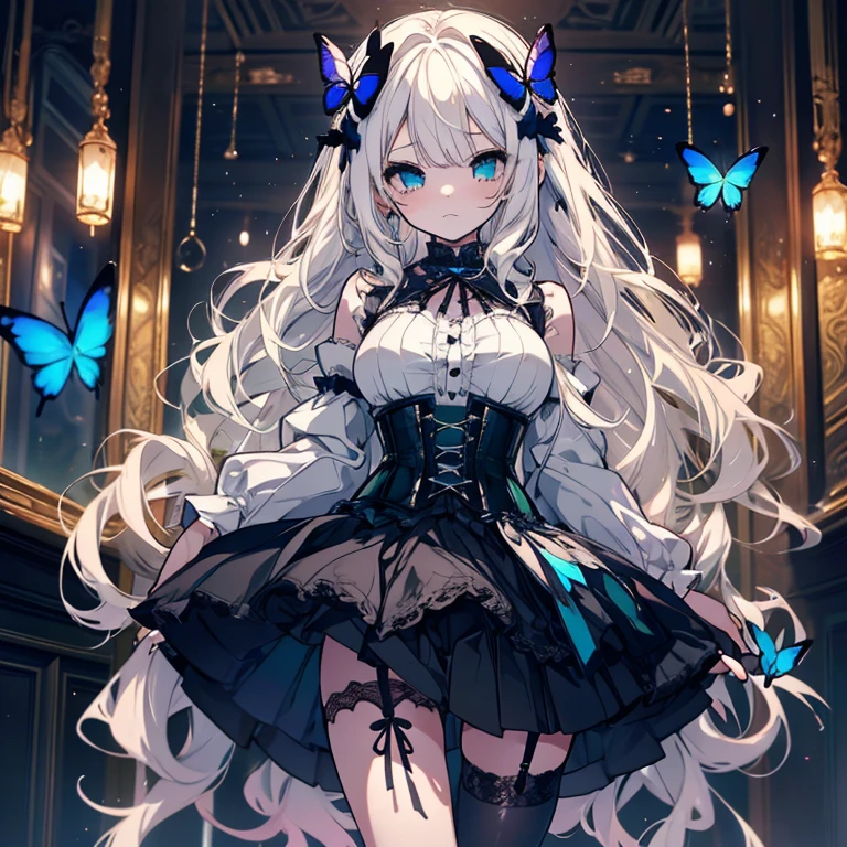 1 girl、Mature、Ample breasts、White Hair、Long Hair、Emerald green eyes、Gothic Lolita、corset、Miniskirt、garter、Puppet、Controlled by strings、Sad face、Curly Hair、Solitary confinement、Chained、Dark Room、Blue Butterfly、High resolution、Highest quality