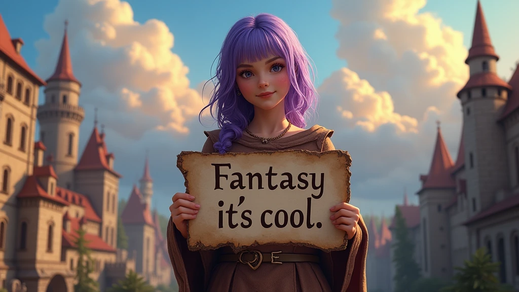 A beautiful girl 18 years old with purple hair in a torn brown tunic holds a sign in her hands with the inscription "Fantasy it's cool",  A fantasy city in the Middle Ages with a clear blue sky and beautiful clouds illuminated by firelight and a photorealistic clear texture, girl looking at the camera,