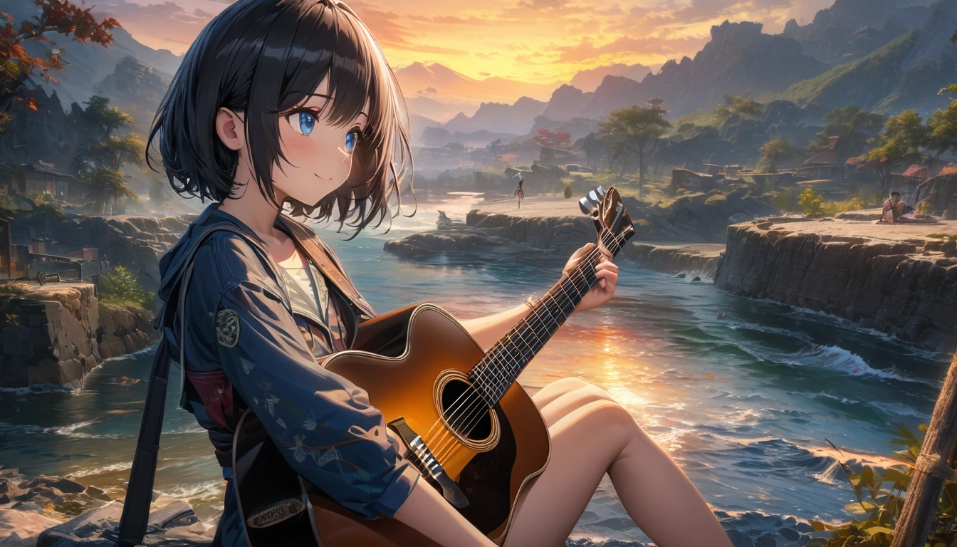 One beautiful girl, alone, She has a sweet smile and a flat chest., short hair, Black Hair, blue eyes, Beautiful depiction,, Seaside Sunset Serenade,Focus on the landscape,Landscape painting,The girl is playing the guitar while looking up at the sky,Masterpiece of a girl playing guitar,Highest quality,High resolution,Extra limbs,Missing limbs,extra digits,Fewer digits,Missing numbers,no fingers,Healed finger,mutated hands and fingers,Quiet night viewに浸る, 4K HDTV digital art, Ultra-detailed digital paintings, Capture every texture and nuance in 4K, Beautiful Art UHD 4K, Showcasing a stunning art style and dreamy digital paintings, Quiet night view, Intuitive Details, Anime art wallpaper to brighten up your space, 1 girl, Music Enthusiast, Highly detailed digital painting, 4K HDTV, Finely crafted and uniform, Sitting on the breakwater, Looking out over the quiet water, Great lighting to complement the scene, 4K Detailed Digital Art, Highly detailed digital painting, Capture every emotion、