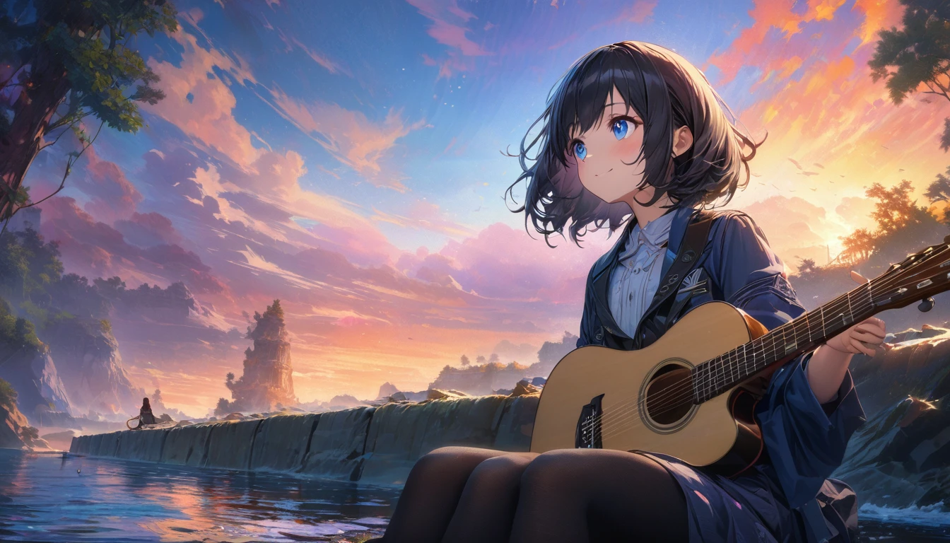 One beautiful girl, alone, She has a sweet smile and a flat chest., short hair, Black Hair, blue eyes, Beautiful depiction,, Seaside Sunset Serenade,Focus on the landscape,Landscape painting,The girl is playing the guitar while looking up at the sky,Masterpiece of a girl playing guitar,Highest quality,High resolution,Extra limbs,Missing limbs,extra digits,Fewer digits,Missing numbers,no fingers,Healed finger,mutated hands and fingers,Quiet night viewに浸る, 4K HDTV digital art, Ultra-detailed digital paintings, Capture every texture and nuance in 4K, Beautiful Art UHD 4K, Showcasing a stunning art style and dreamy digital paintings, Quiet night view, Intuitive Details, Anime art wallpaper to brighten up your space, 1 girl, Music Enthusiast, Highly detailed digital painting, 4K HDTV, Finely crafted and uniform, Sitting on the breakwater, Looking out over the quiet water, Great lighting to complement the scene, 4K Detailed Digital Art, Highly detailed digital painting, Capture every emotion、