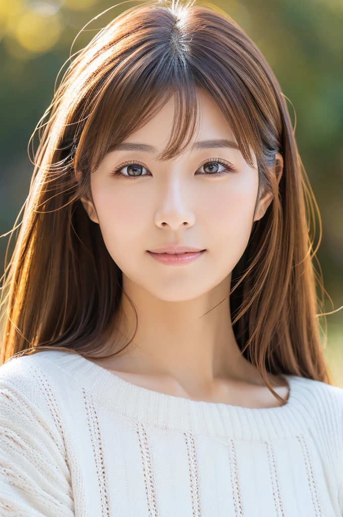 Japanese women, 30th Generation, Adult female、Background white, Simple background, White brown hair, thin, 4K, 8k, high quality, Beauty Products, Beautiful Eyes, Simple, High resolution,1 person,Beautiful Skin,Beautiful Skin,Wearing a white knit