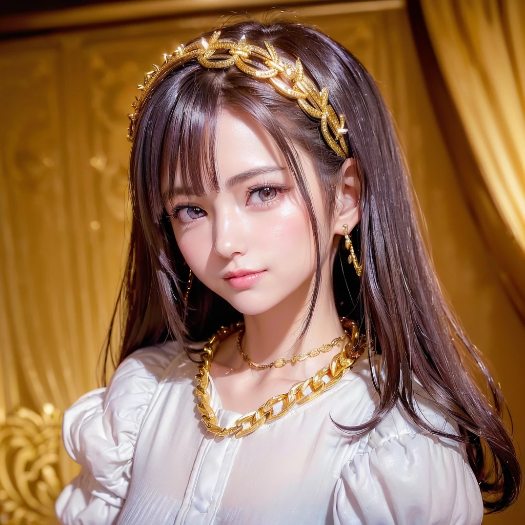 masterpiece,Super Resolution,ultora-detail,ultora-reality paint,high quality,16K-picture quality,photograph,Highly detailed CG,16K wallpaper,(((18 year old beauty:1.5,1women:1.5,A beautiful woman whose face is illuminated by soft light,The finest beauty,A beautiful woman is looking at me))),(((face photograpfy:1.5))),(((A beautiful face without wrinkles:1.5,Realistic facial expression,Detailed face:1.5,smile,Has very kind eyes,perfect eyes,ruby pupilis,Round eyes,Double Eyed Beauty,Beauty with a very small mouth,Beauty with light pink lips,Very small nose beauty))),(((super shiny hair,super-front-light,White skin,White fabric,Queen's clothes:1.5,stockin cloth,gold chain)))