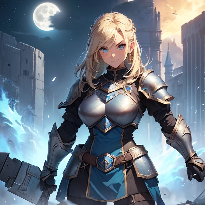High Resolution, Simple background, Masterpiece, Best Quality, Detail, HD, High Quality, fantasy genre
{{(female adult dwarf soldier: (dwarf body, short body torso, short arms, short legs, fair skin, green eyes, feminine warrior elder beauty, straight long blonde feminine beard, big nose, blonde eyebrows, nice smiling, kind demeanor, kind face and smile), (bulky dwarf blue steel armor, blue squared-cuirass, bulky squared blue shoulderplates, squared blue elbowplates, squared blue arms armor, squared blue belly armor, pale-silver steel belt, boue squared hips armor, blue gauntlets, blue steel knee plates, (black long hammer, black steel hamer)), (standing quietly, patient demeanor, imponent guarding pose, standing upright), (clear night sky, stars around the dusk, white moon at the horizon, blue tower, blue fire torches at the tower’s walls))}}
