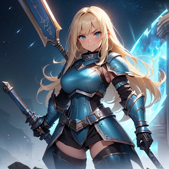 High Resolution, Simple background, Masterpiece, Best Quality, Detail, HD, High Quality, fantasy genre
{{(female adult dwarf soldier: (dwarf body, short body torso, short arms, short legs, fair skin, green eyes, feminine warrior elder beauty, straight long blonde feminine beard, big nose, blonde eyebrows, nice smiling, kind demeanor, kind face and smile), (bulky dwarf blue steel armor, blue squared-cuirass, bulky squared blue shoulderplates, squared blue elbowplates, squared blue arms armor, squared blue belly armor, pale-silver steel belt, boue squared hips armor, blue gauntlets, blue steel knee plates, (black long hammer, black steel hamer)), (standing quietly, patient demeanor, imponent guarding pose, standing upright), (clear night sky, stars around the dusk, white moon at the horizon, blue tower, blue fire torches at the tower’s walls))}}