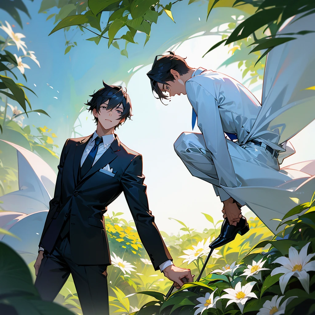 Two male office workers in suits in a flower-filled garden