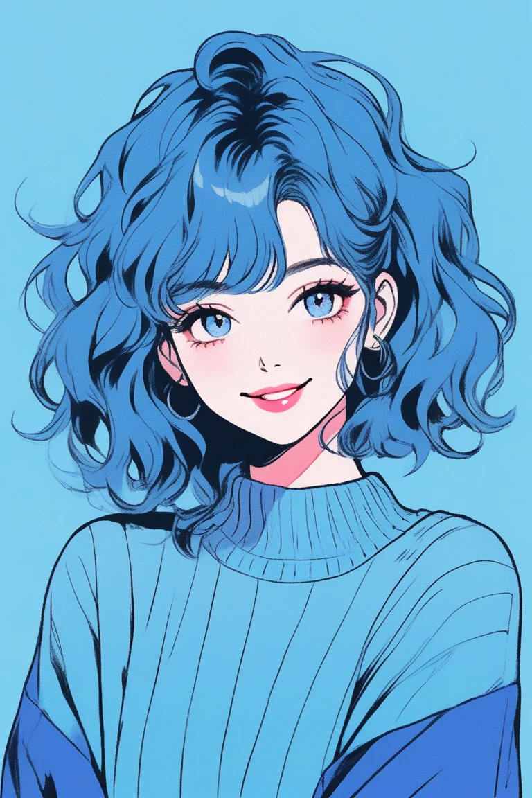 (best quality, sketch:1.2),realistic,illustrator,anime,1 girl, detailed lips, sweater, custom, blue gradient background, neon hair, Blue hair, medium wavy hair, blunt bangs, friendly, cute smile, kind smile, textured cropping, masterpiece, style retro classic, noir dark
