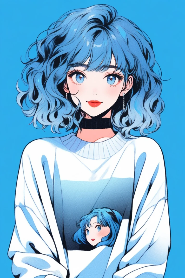 (best quality, sketch:1.2),realistic,illustrator,anime,1 girl, detailed lips, sweater, custom, blue gradient background, neon hair, Blue hair, medium wavy hair, blunt bangs, friendly, cute smile, kind smile, textured cropping, masterpiece, style retro classic, noir dark