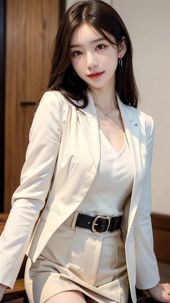 ((masterpiece: 1.4, best quality))+,(ultra detail)+, official art, unity 8k wallpaper, ultra detail, beautiful, high quality, Highlight your cute face, masterpiece, best quality, medium length straight hair, (brown eyes, brown hair), bust, looking straight ahead, Smiling broadly, (white blouse & black blazer jacket :1.4), colorful earrings, (beautiful 눈:1.3), (Domineering expression:1.37)