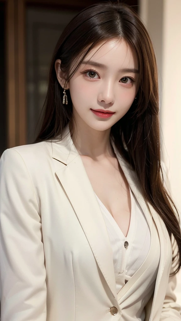 ((masterpiece: 1.4, best quality))+,(ultra detail)+, official art, unity 8k wallpaper, ultra detail, beautiful, high quality, Highlight your cute face,  masterpiece, best quality, medium length straight hair, (brown eyes, brown hair), bust, looking straight ahead, Smiling broadly, (white blouse & black blazer jacket :1.4), colorful earrings, (beautiful 눈:1.3), (Domineering expression:1.37)