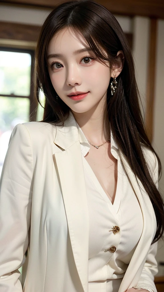 ((((Black Hair、forehead、long hair、Long Hair、腰までのLong Hair、Glowing Skin、Fair skin、Plump Lips、Straight Hair、Gray eyes、白Gal、Gal、Idol Costumes、Stage Costumes、uniform、Jacket、blouse、mini skirt、race、Frills、Northern Europe、White background、シンプルなWhite background)))))))、、masutepiece, Best Quality, Photorealsitic, finely detail, hight resolution, 8K Wallpapers, Perfect dynamic composition, Beautiful detailed eyes, 18 year old、(Drooping eyes 1.4)、Adult beauty、japanes