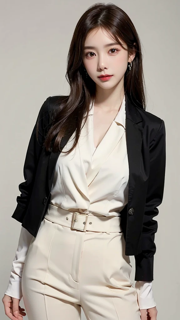 ((masterpiece: 1.4, best quality))+,(ultra detail)+, official art, unity 8k wallpaper, ultra detail, beautiful, high quality, Highlight your cute face,  masterpiece, best quality, medium length straight hair, (brown eyes, brown hair), bust, looking straight ahead, Smiling broadly, (white blouse & black blazer jacket :1.4), colorful earrings, (beautiful 눈:1.3), (Domineering expression:1.37)