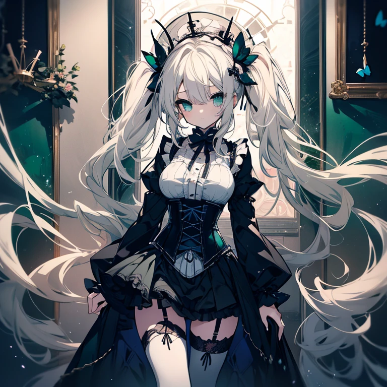 1 girl、Mature、Ample breasts、White Hair、Twin tails long hair、Emerald green eyes、Gothic Lolita、corset、Miniskirt、garter、Puppet、Controlled by strings、Sad face、Curly Hair、Solitary confinement、Chained、Dark Room、Blue Butterfly、High resolution、Best quality