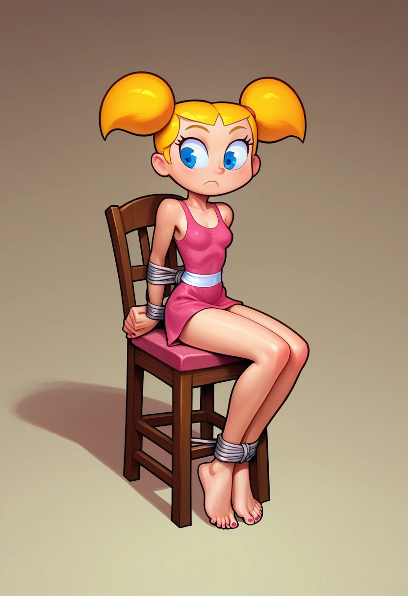 score_8, score_9, 1girl, dee dee, blonde hair, short twintails, blue eyes, ballet dress, barefoot, 5 toes, black toe nails, Focus full body, sitting on a chair, tied ankles together,tied arms,