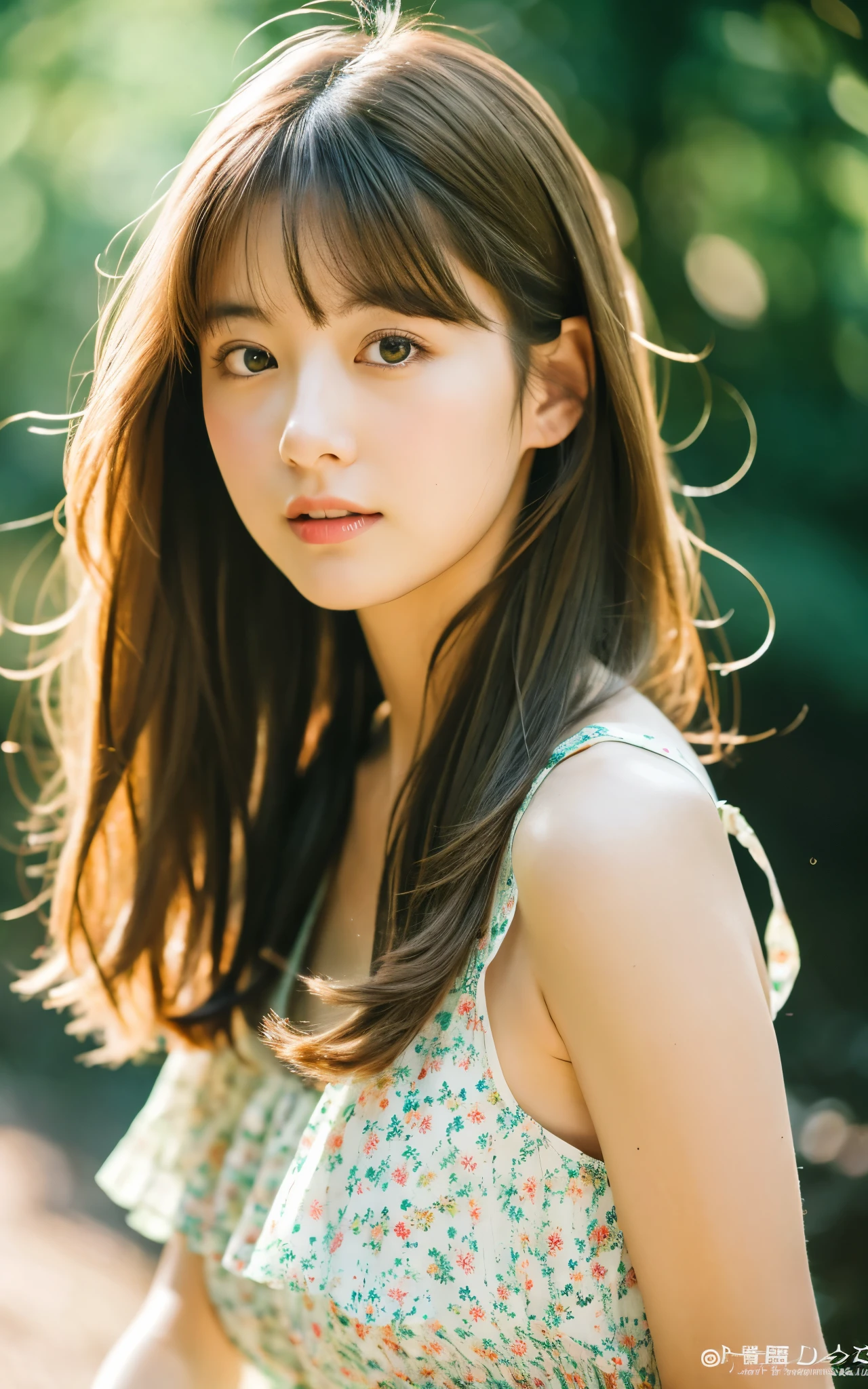 masterpiece, Best Quality, 8K, 1 girl, Japanese cute girl, in summer, forest, stream, out of focus, 18 yo, large breasts, Mouth slightly open, cute little, Solo, sad, summer dress, Girly, Delicate girl, Neat and clean beauty, Raw photo, Professional Photography, Portrait, Soft light, Professional Lighting, Back lighting, Upper body, see the beholder, Sophisticated, Film grain, (Eyes and faces with detailed:1.0), medium hair swaying in the wind, beautiful flowing brown hair,