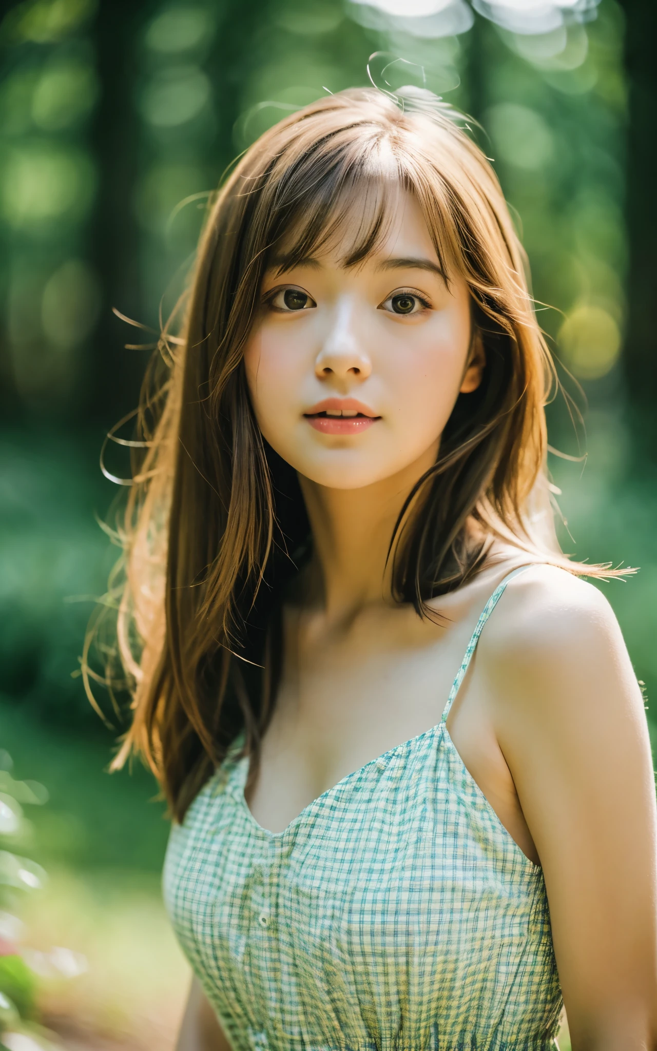 masterpiece, Best Quality, 8K, 1 girl, Japanese cute girl, in summer, forest, stream, out of focus, 18 yo, large breasts, Mouth slightly open, cute little, Solo, sad, summer dress, Girly, Delicate girl, Neat and clean beauty, Raw photo, Professional Photography, Portrait, Soft light, Professional Lighting, Back lighting, Upper body, see the beholder, Sophisticated, Film grain, (Eyes and faces with detailed:1.0), medium hair swaying in the wind, beautiful flowing brown hair,