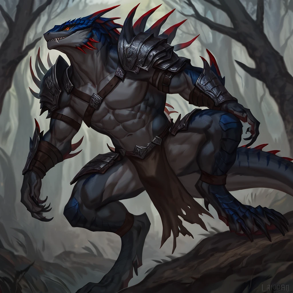 Gray skink lizard warrior,comic book style, illustration, solo, ferocious, male, [[proud pose]],, masterpiece, best art, armor, full body, digitigrade, by laobai, forest background, abs, loincloth, red fins, blue tail, lizard, scales on body, gray body, masculine body