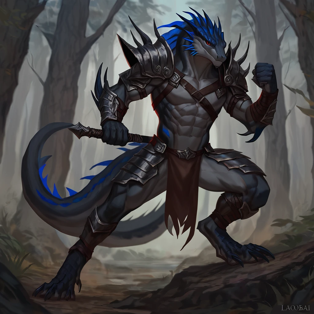 Gray skink lizard warrior,comic book style, illustration, solo, ferocious, male, [[proud pose]],, masterpiece, best art, armor, full body, digitigrade, by laobai, forest background, abs, loincloth, red fins, blue tail, lizard, scales on body, gray body, masculine body