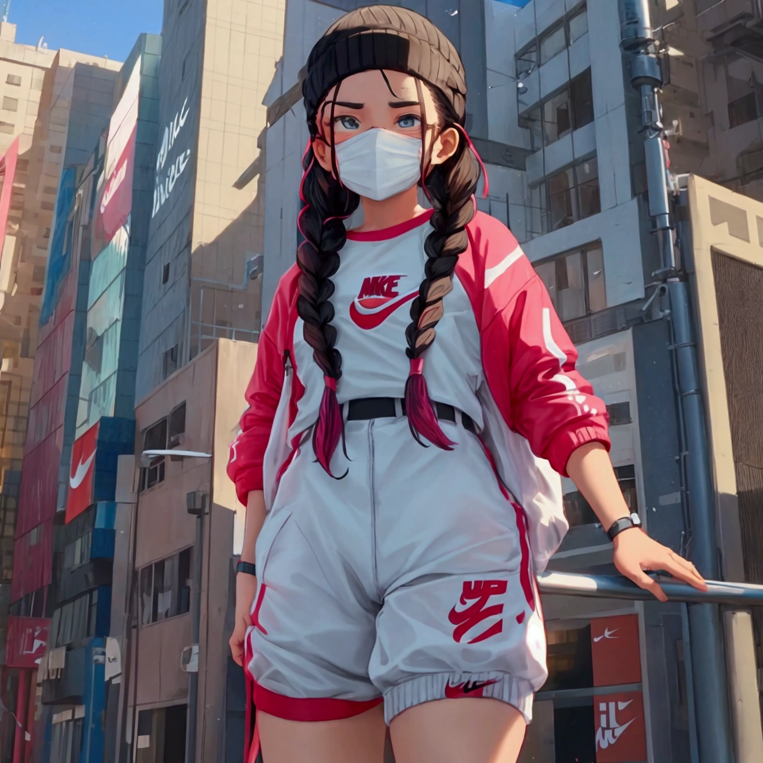 with braids and wearing nike