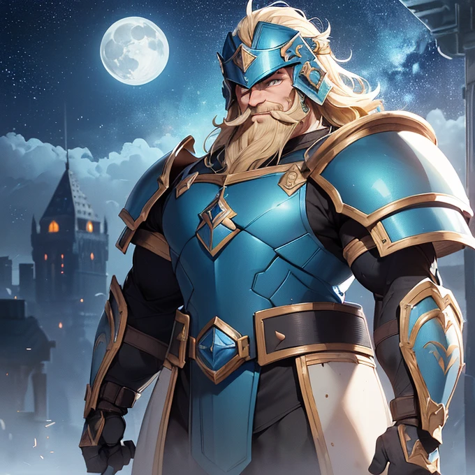 High Resolution, Simple background, Masterpiece, Best Quality, Detail, HD, High Quality, fantasy genre
{{(male adult dwarf soldier: (dwarf short body, fair skin, green eyes, straight long blonde beard, long blonde mustache over the mouth, big nose, blonde eyebrows, nice smiling, kind demeanor, kind face and smile, short body torso, short arms, short legs), (bulky dwarf blue steel armor, blue squared steel helmet, blue squared-cuirass, bulky squared blue shoulderplates, squared blue elbowplates, squared blue arms armor, squared blue belly armor, pale-silver steel belt, boue squared hips armor, blue gauntlets, blue steel knee plates, (black long hammer, black steel hamer)), (standing quietly, patient demeanor, imponent guarding pose, standing upright), (clear night sky, stars around the dusk, white moon at the horizon, blue tower, blue fire torches at the tower’s walls))}}