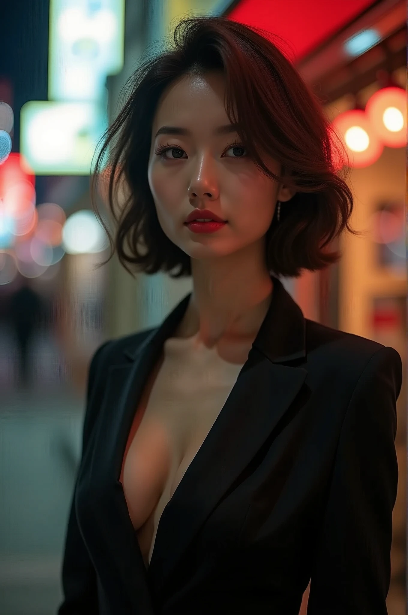 (Highest quality、Highest quality、8k resolution、masterpiece、Professional photography、Award-winning works)、(mature beautiful japanese woman:1.1)、(Stroll through the entertainment district, filled with nightlife and glamour:1.1)、(Strongly blurred background:1.1)、The most romantic and moody atmosphere、(The perfect business suit:1.2)、(Cleavage:1.3)、(Voluptuous body:1.3)、Standing Elegantly、Voluptuous body、(Very short wavy hair:1.1)、(Classy glasses:1.1)、A seductive look staring at me、(Large Breasts:1.3)、Perfect Makeup、Beautiful lipstick、Elegant eyeshadow、Long eyelashes、Ultra-high resolution glossy skin、(Accurate anatomy:1.1)、(Closed lips:1.2)、(Face close-up:1.2)