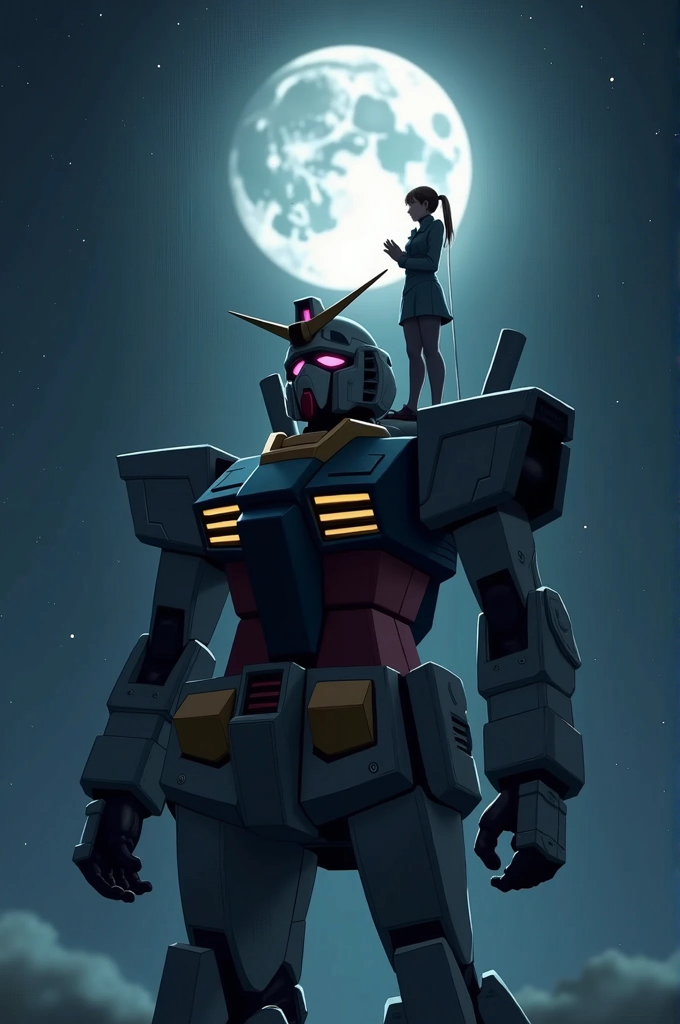 A pilot stands on the shoulder of his Gundam, praying in the moonlight, space scene, moonlit confession
